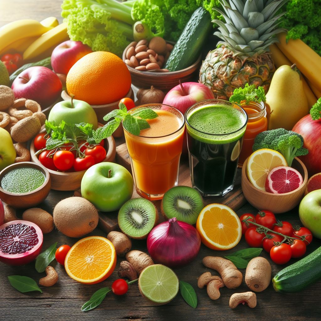 Fresh green juices made with fruits and vegetables, promoting the concept of juice cleanses for detoxification.
