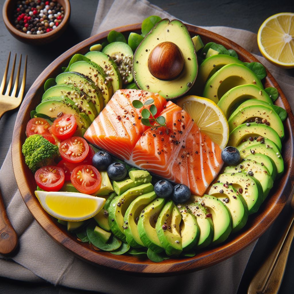 A keto-friendly salmon dish with avocado and asparagus, showcasing the focus on healthy fats in this dietary approach.