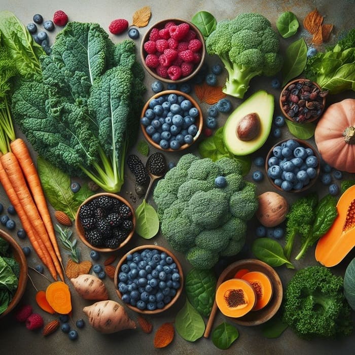 A vibrant assortment of gut-healthy foods: leafy greens like kale and spinach, antioxidant-rich blueberries, raspberries, and blackberries, along with nutrient-packed sweet potatoes, carrots, and butternut squash.